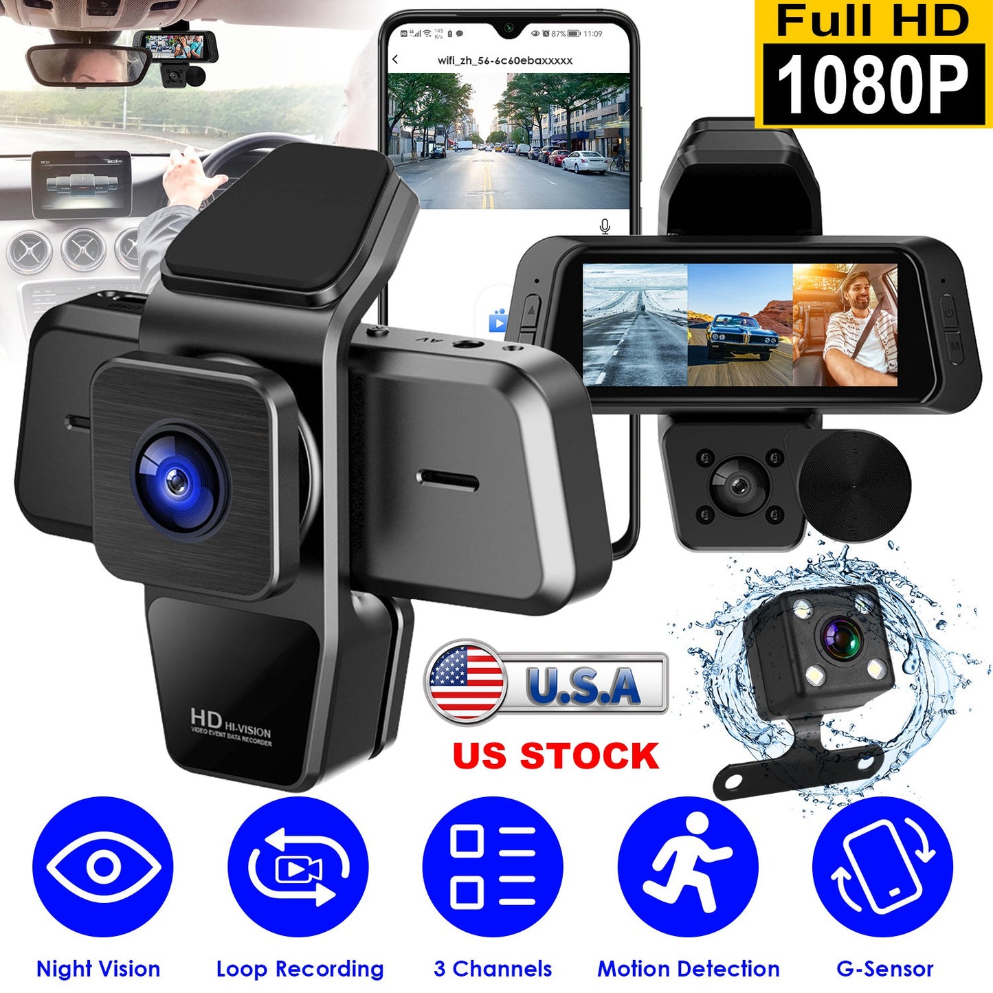 1080P FHD 3 Channel WiFi Dash Cam 170¡ Wide Angle Triple Car Camera With IR Night G-Sensor Motion Detection Loop Recording App Control Support 128G Ma