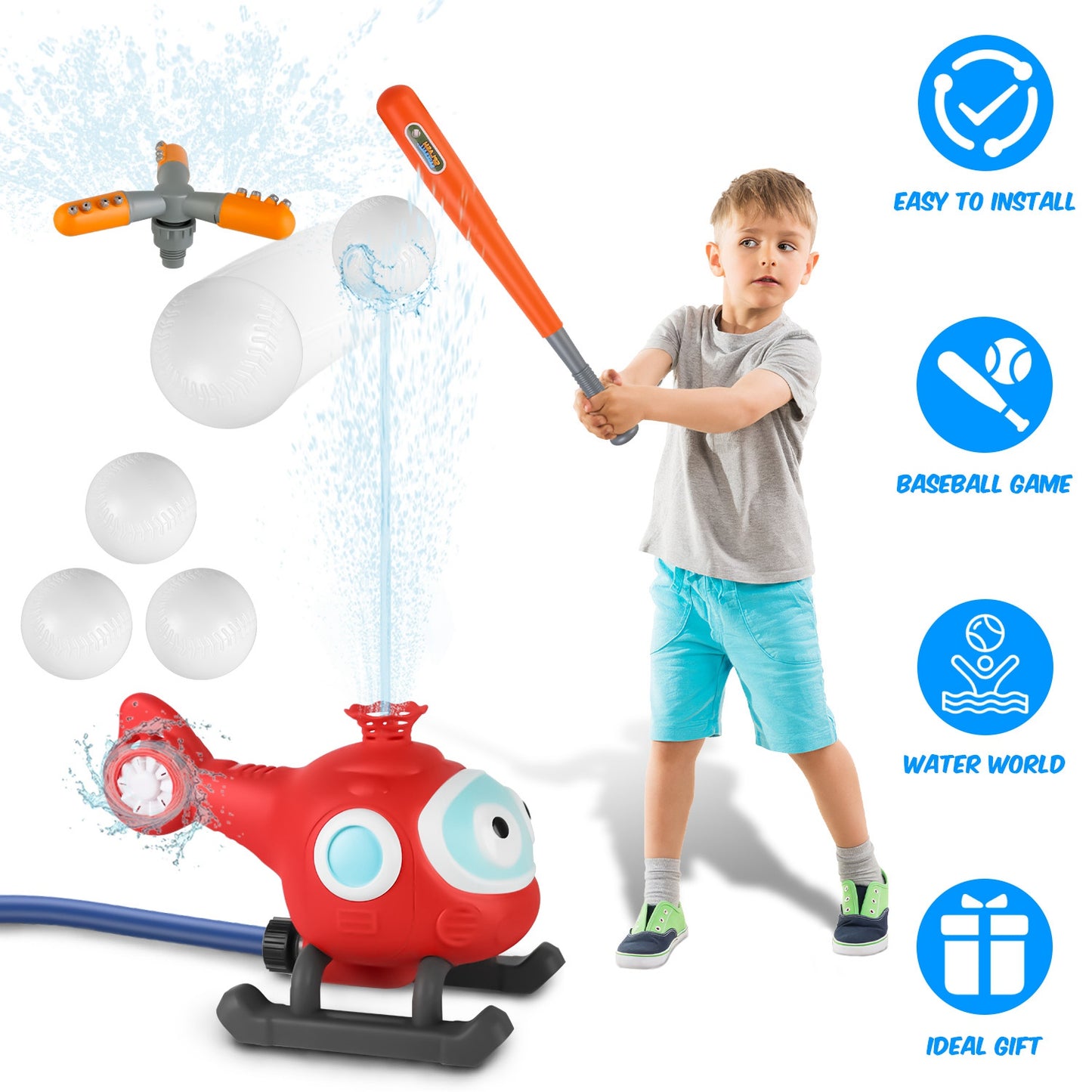 2 In 1 Water Sprinkler Baseball Helicopter Toy for Kids 360¡Rotating Water Tee Ball Set for Backyard Lawn Pool Party Outdoor Summer Game for 3+ Years
