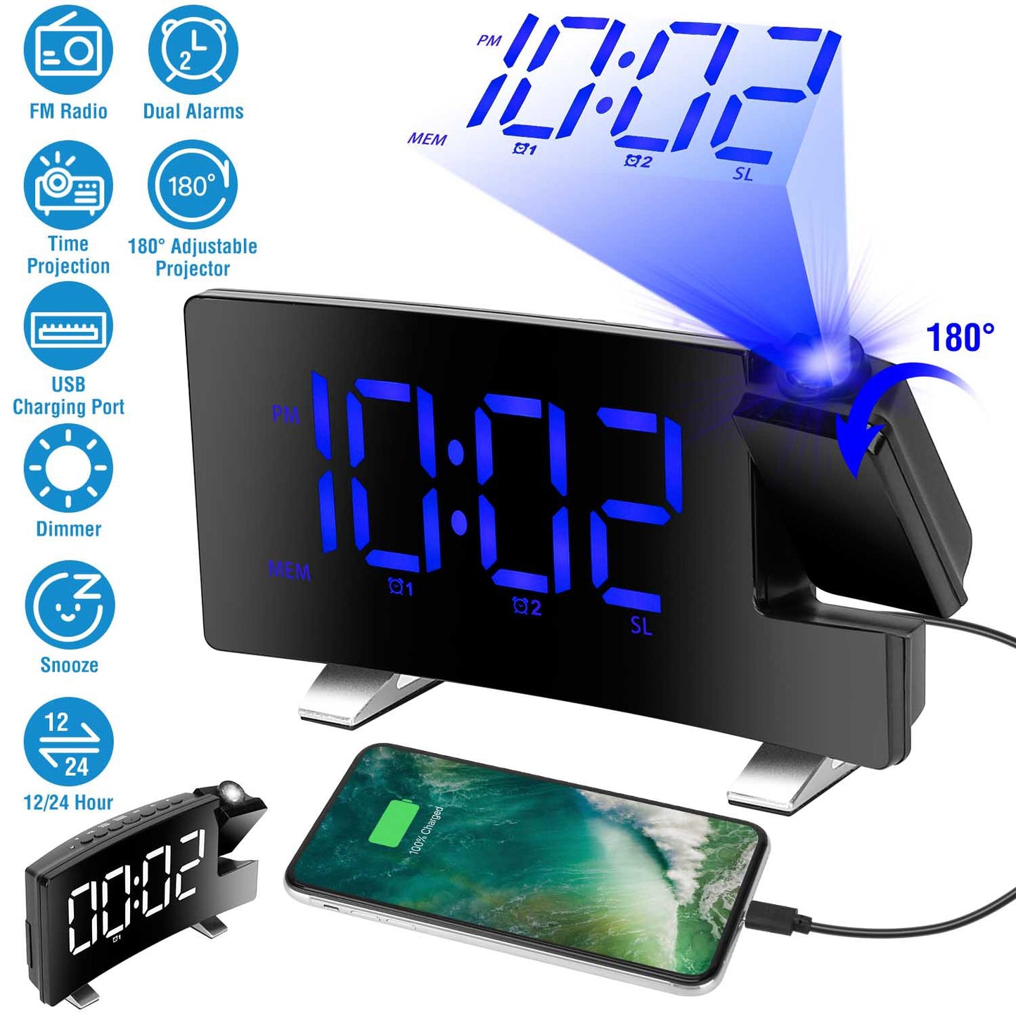 Projection Alarm Clock with Radio Function 7.7In Curved-Screen LED Digital Alarm Clock w/ Dual Alarms 4 Dimmer 12/24 Hour USB Charging Port 180¡ Rotat