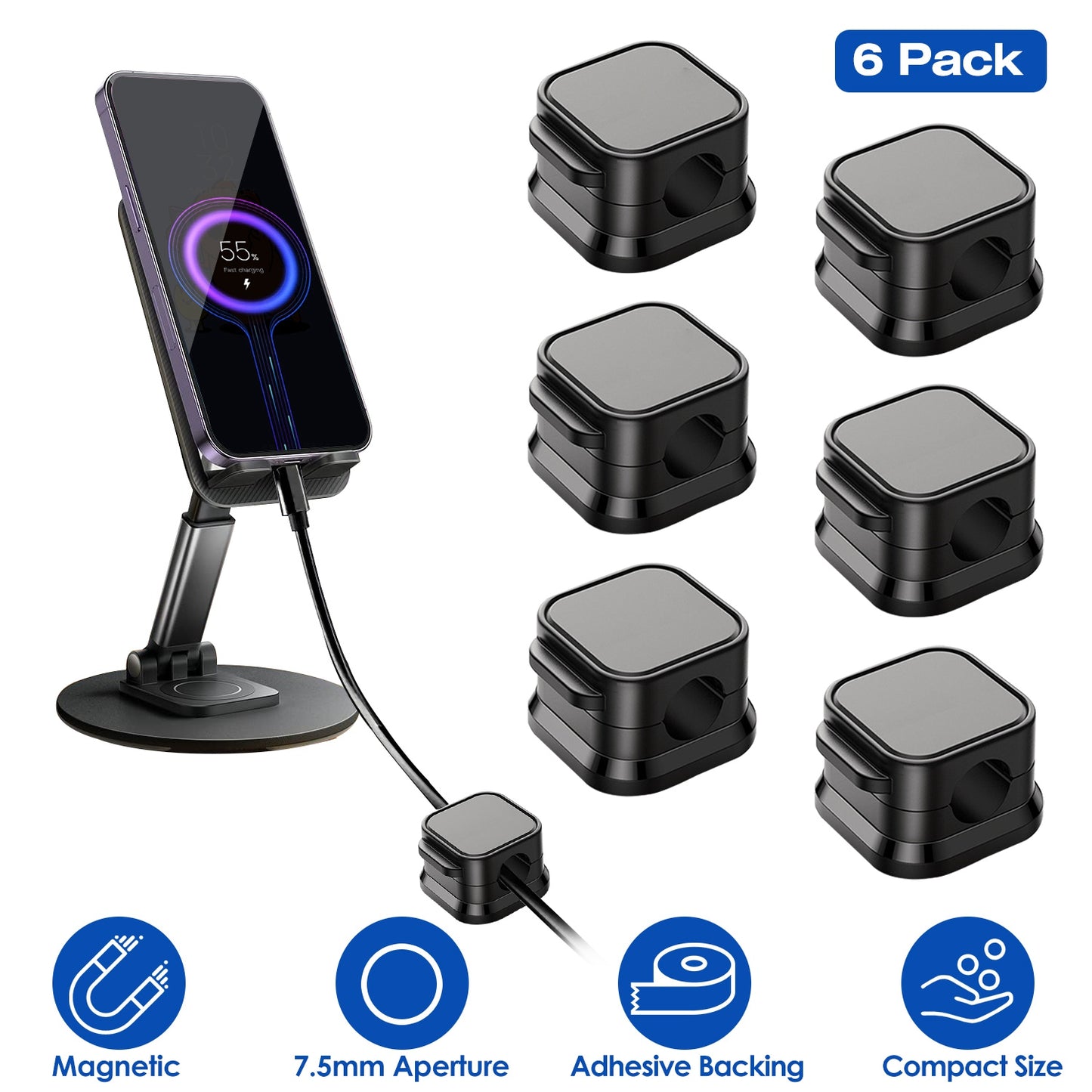 6 Pack Magnetic Cable Clips Magnetic Cord Organizer Adhesive Wire Holder For Home Office Car Desk Nightstand Wall