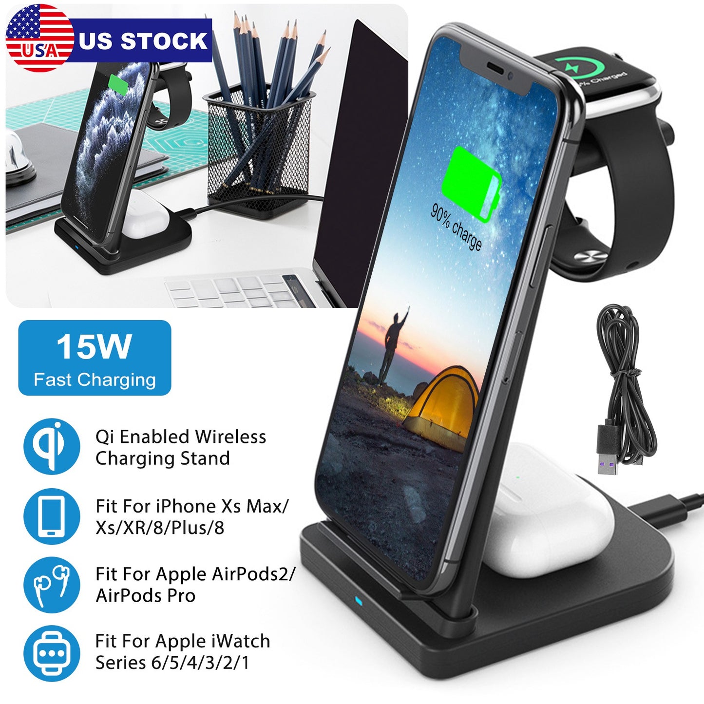 3-in-1 Wireless Qi Enabled Charger Dock 15W Fast Charging Station For iPhone Apple iWatch Series 6/5/4/3/2/1 AirPods 2 AirPods Pro Fit For iPhone Xs M