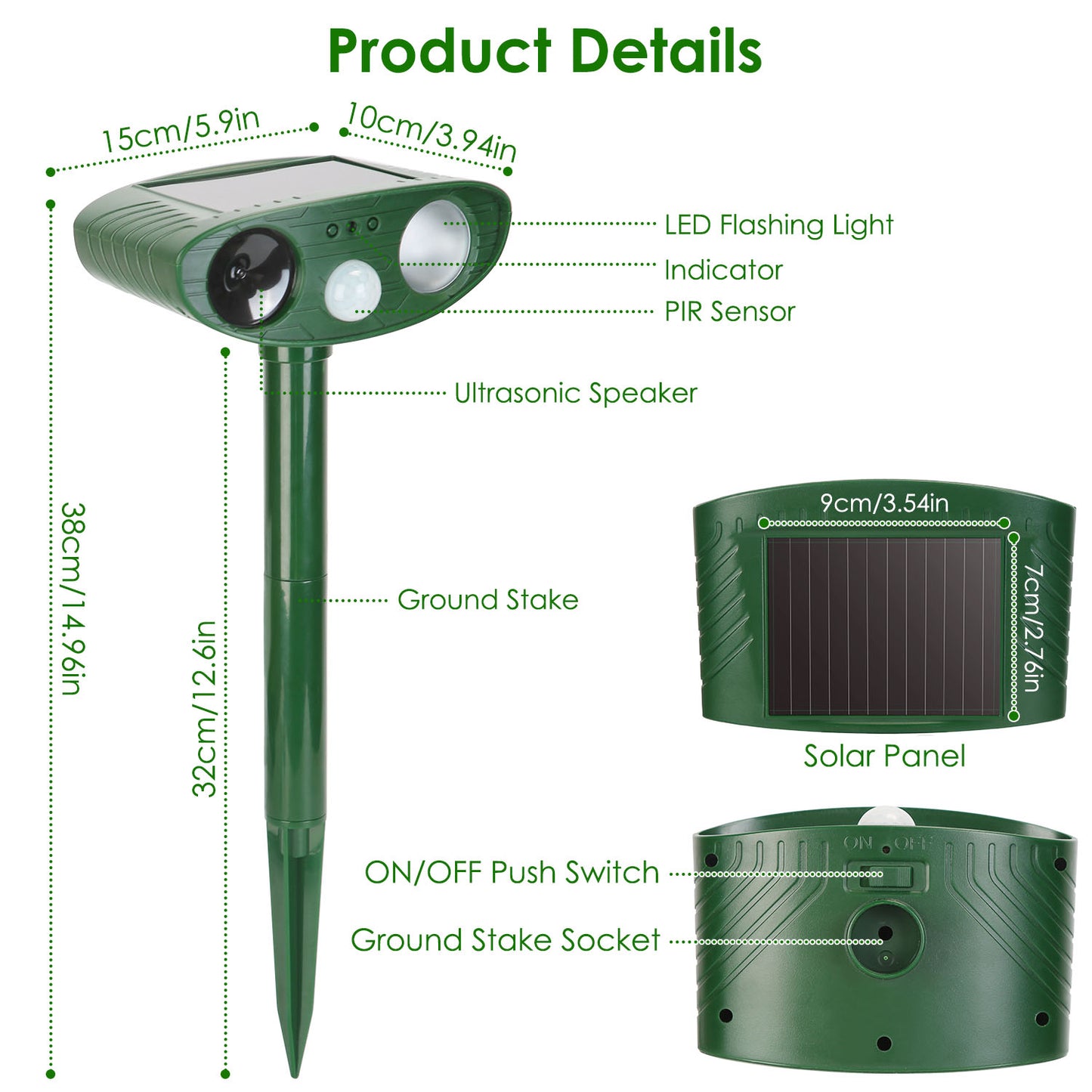 Solar Ultrasonic Animal Repeller PIR Sensor Animal Repellent Chaser with Flashing Light IPX4 Waterproof for Chasing Deer Raccoon Squirrel Rat Skunk Ra