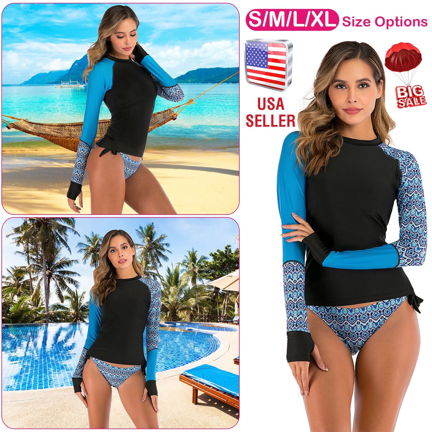 Women 2 Piece Long Sleeve Swimsuit Swim Shirt Bathing Wetsuit Printed Surfing Swimwear Top