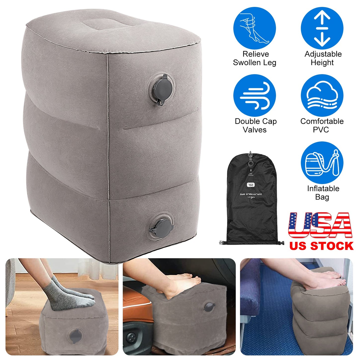 Inflatable Foot Rest with Air Bag 3 Adjustable Height Travel Foot Pillow Kids Airplane Bed Relieve Leg Feet Pain Leg Rest Stool For Train Car Airplane