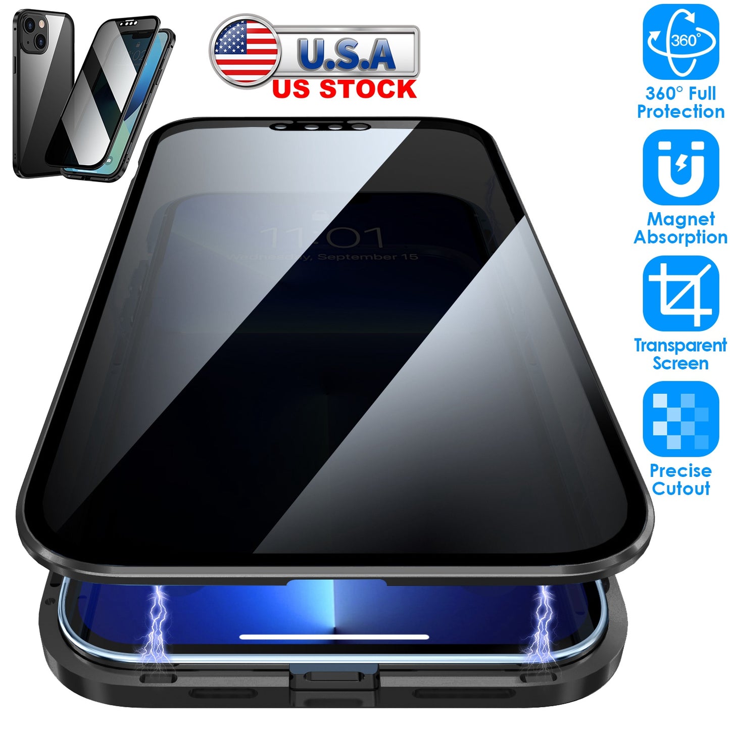 Privacy Magnetic Phone Case 360¡ Full Protection Anti Spy Phone Cover Double Sided Tempered Glass Magnet Absorption Fit for IOS Phone 14 Pro