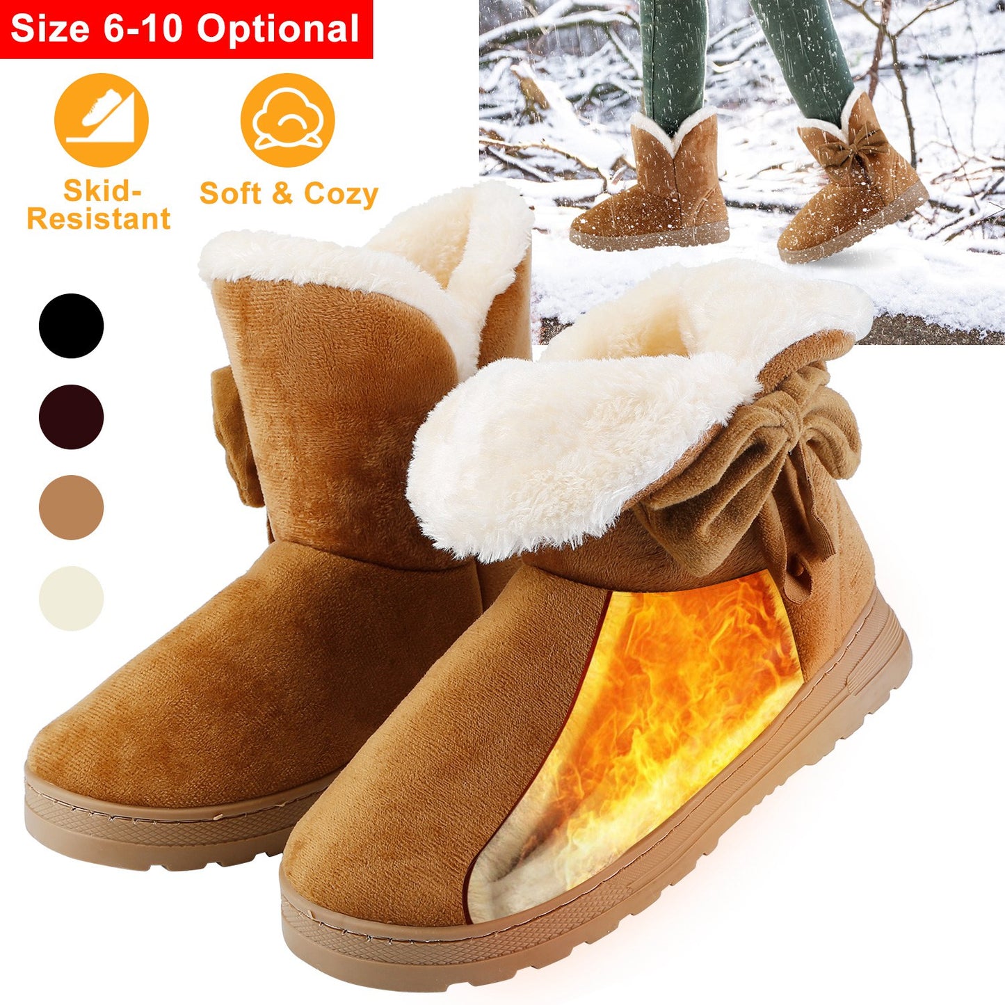 Women Ladies Snow Boots Super Soft Fabric Mid-Calf Winter Shoes Thickened Plush Warm Lining Shoes w/ Anti-slip Rubber Base Bowknot