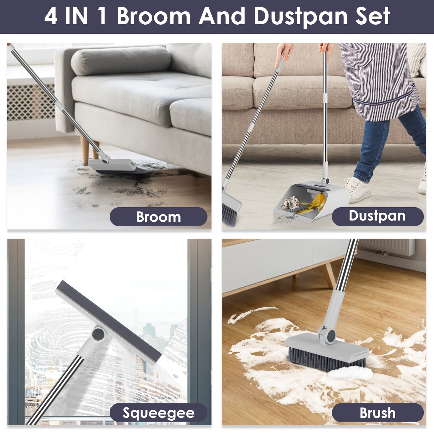 Broom And Dustpan Combo Set With Squeegee Stainless Steel Handle 4 In 1 Upright Standing Broom And Dust Pan For Indoor Outdoor Garage Kitchen Room Off