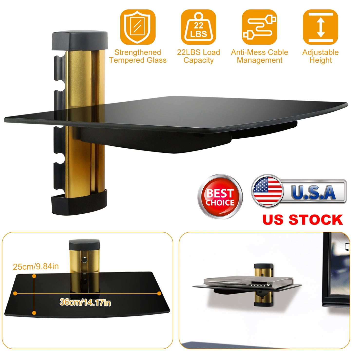 Floating Wall Mounted Strengthened Tempered Glass Shelf for DVD Cable Boxes
