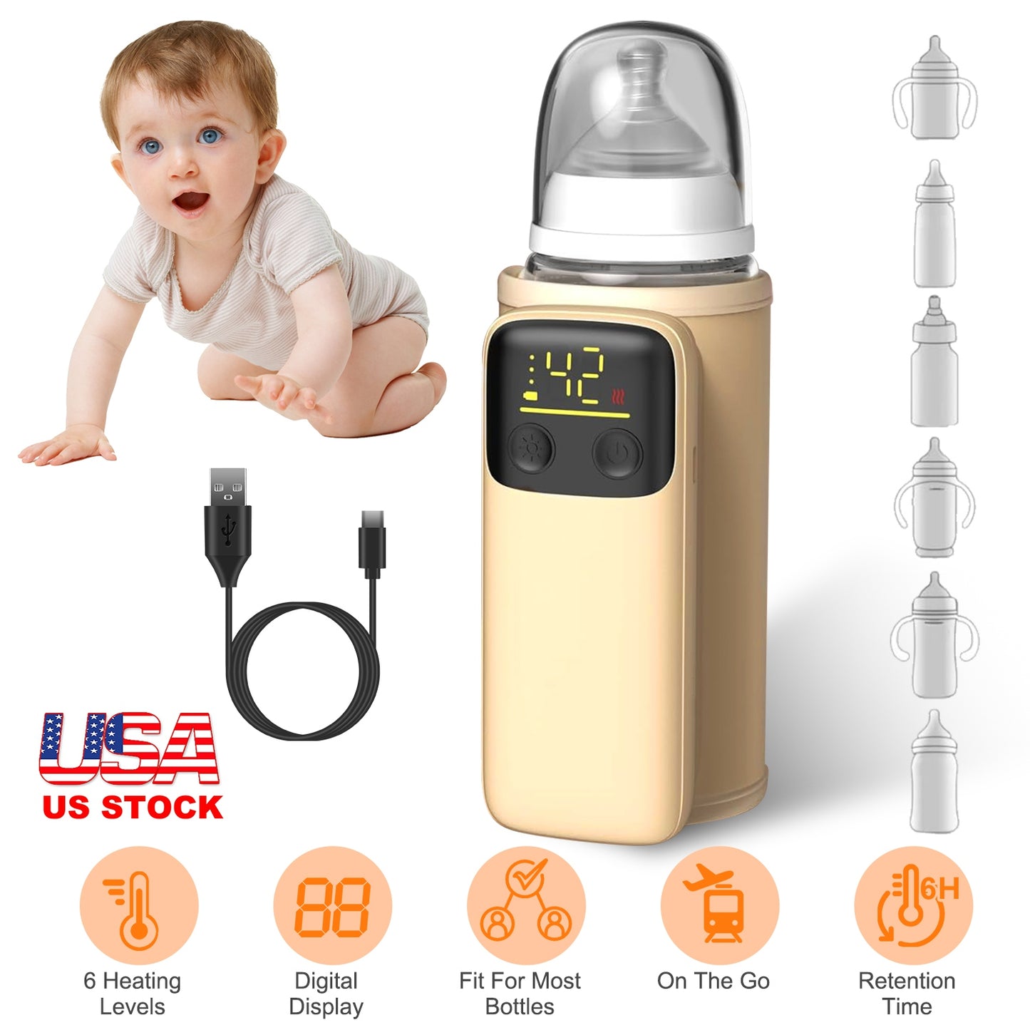 Portable Bottle Warmer with Night Light On The Go Baby Milk Warmer Milk Formula Warmer for Home Travel with 6 Heating Levels