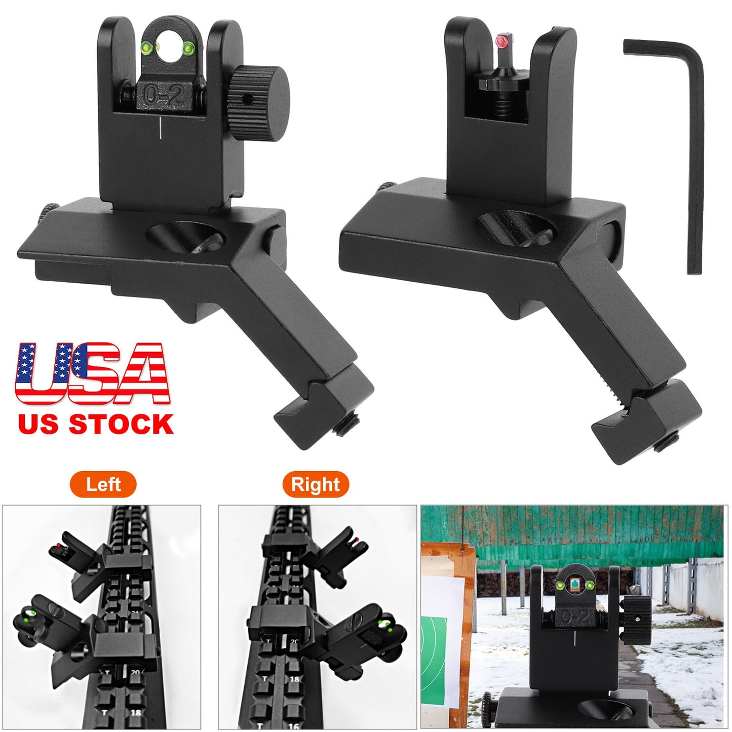 45 Degree Offset Rear Front Flip Up Sights Fiber Optics Aluminum Sights Tactical Folding Back Up Sight Set with Red Green Dots Fit Picatinny Weaver Ra