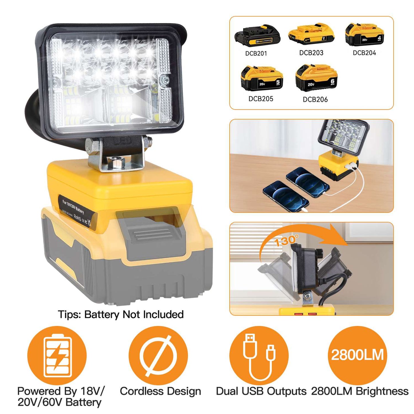 Cordless LED Work Light LED Flood Light for Dewalt 18V 20V 60V Battery 12W 2800LM with Dual USB Charging Port for Workshop Camping Outdoor Emergencies