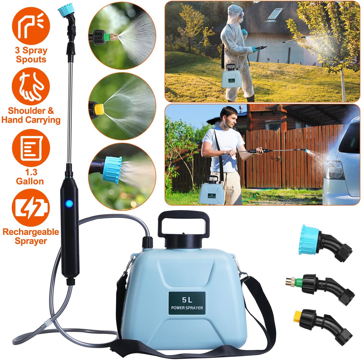 5L/1.3Gallon Electric Plant Sprayer Telescopic Rechargeable Garden Sprayer Automatic Handheld Sprayer with 3 Spray Spouts Shoulder Strap for Cleaning