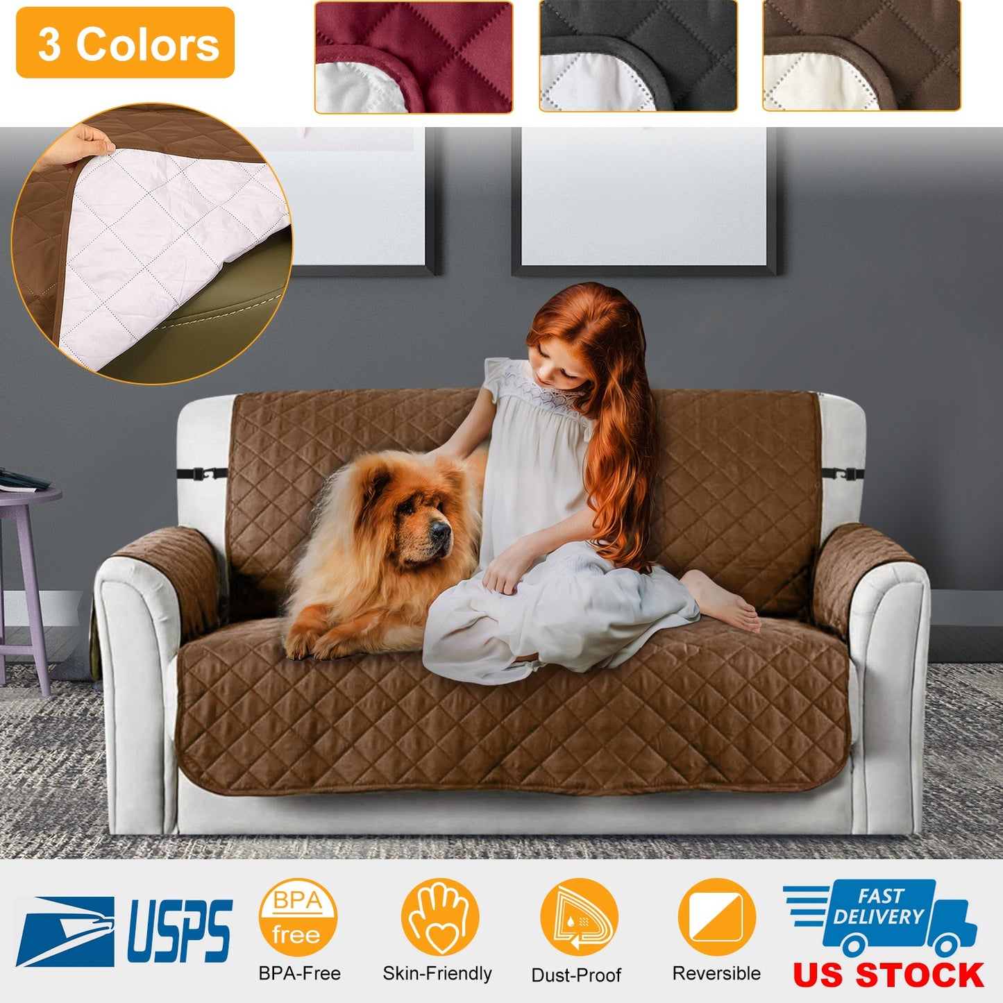 Reversible Sofa Cover Chair Loveseat Couch Microfiber Slipcover Cushion Furniture Protector Shield Water-Resistant w/ Elastic Strap for Kids Pet Dog C