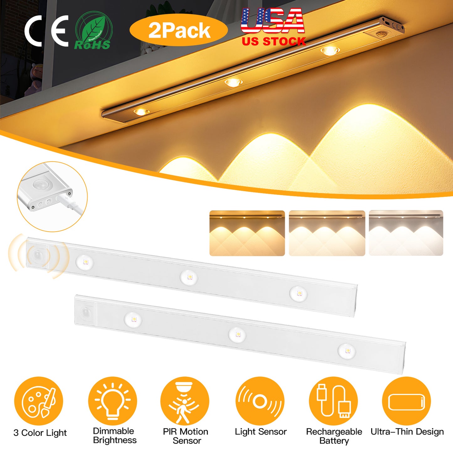 2Pack Rechargeable Cabinet Light Motion Sensor Light Cordless LED Closet Lamp 3 Colors Dimmable Light for Kitchen Cabinet