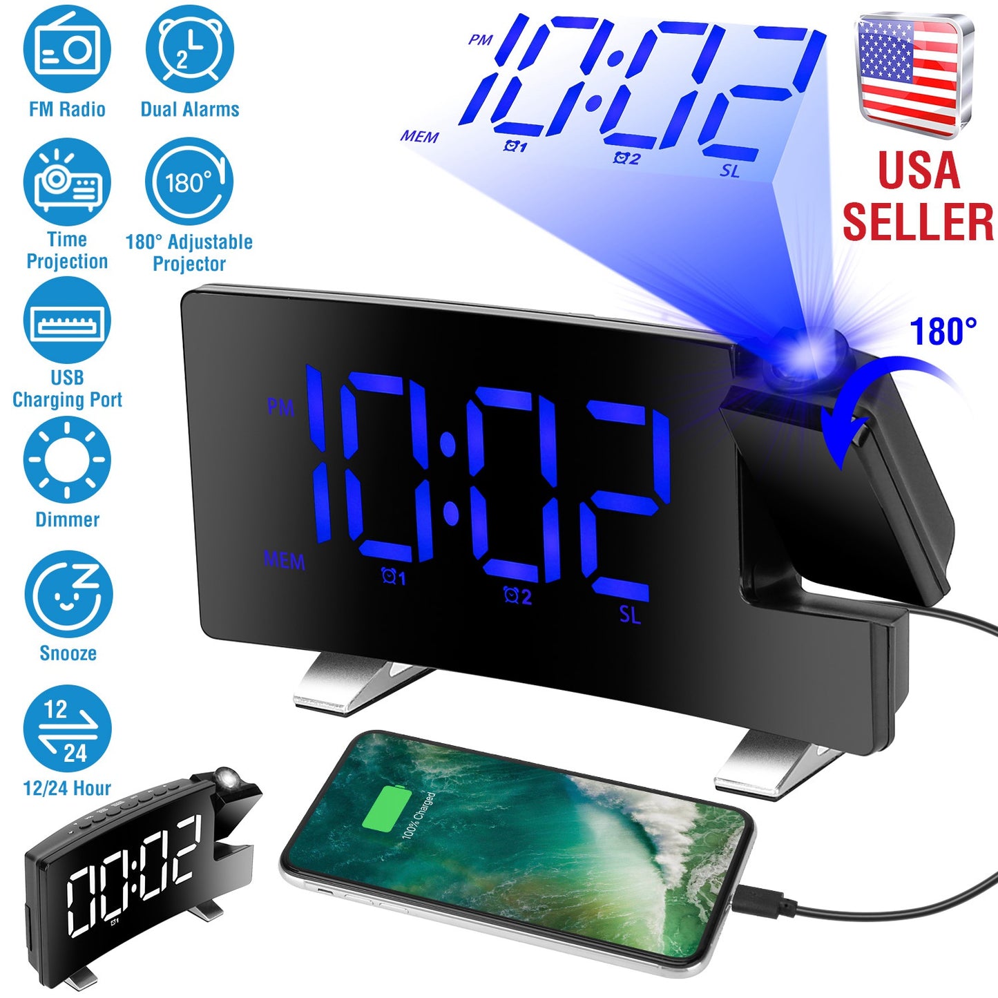 Projection Alarm Clock with Radio Function 7.7In Curved-Screen LED Digital Alarm Clock w/ Dual Alarms 4 Dimmer 12/24 Hour USB Charging Port 180¡ Rotat