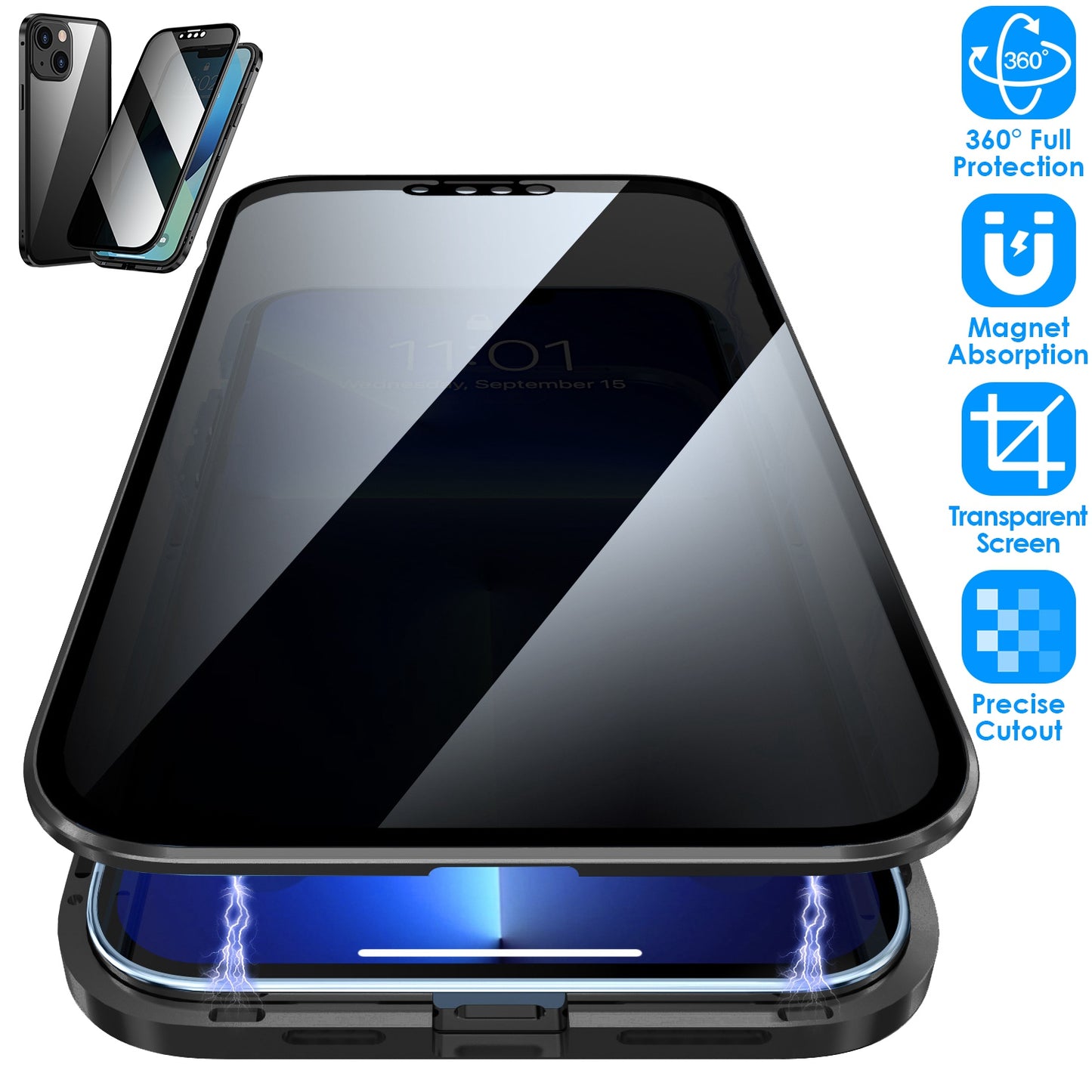 Privacy Magnetic Phone Case 360¡ Full Protection Anti Spy Phone Cover Double Sided Tempered Glass Magnet Absorption Fit for IOS Phone 14 Pro