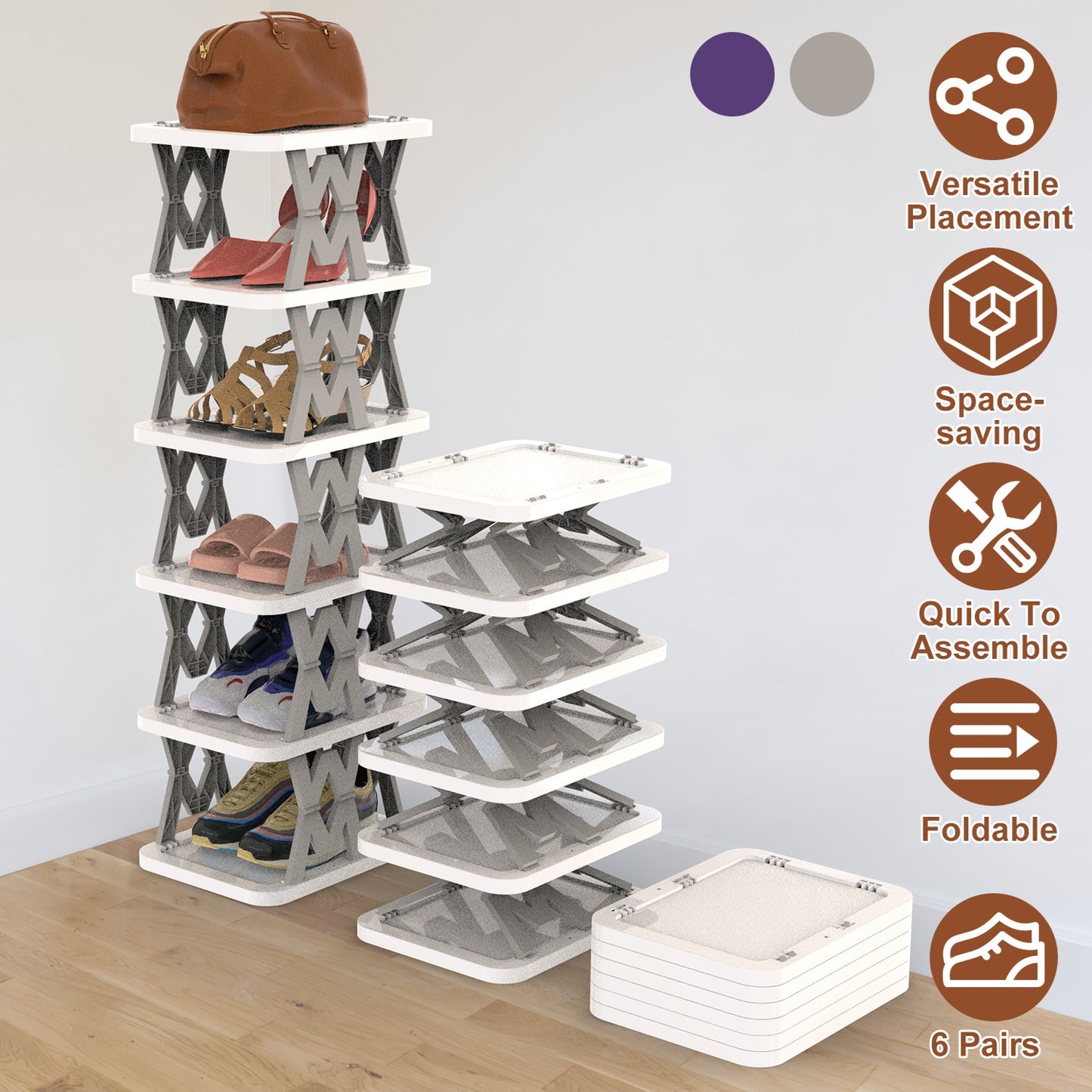 6 Tier Foldable Shoe Rack Vertical Shoe Organizer Narrow Shoe Rack for Small Spaces Space Saving Free Standing for Corner Entryway Hallway Bedroom