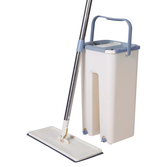 Flat Floor Mop Bucket Set Self Cleaning Wet Dry Usage with 2Pcs Reusable MicrofiberÊMop Pads