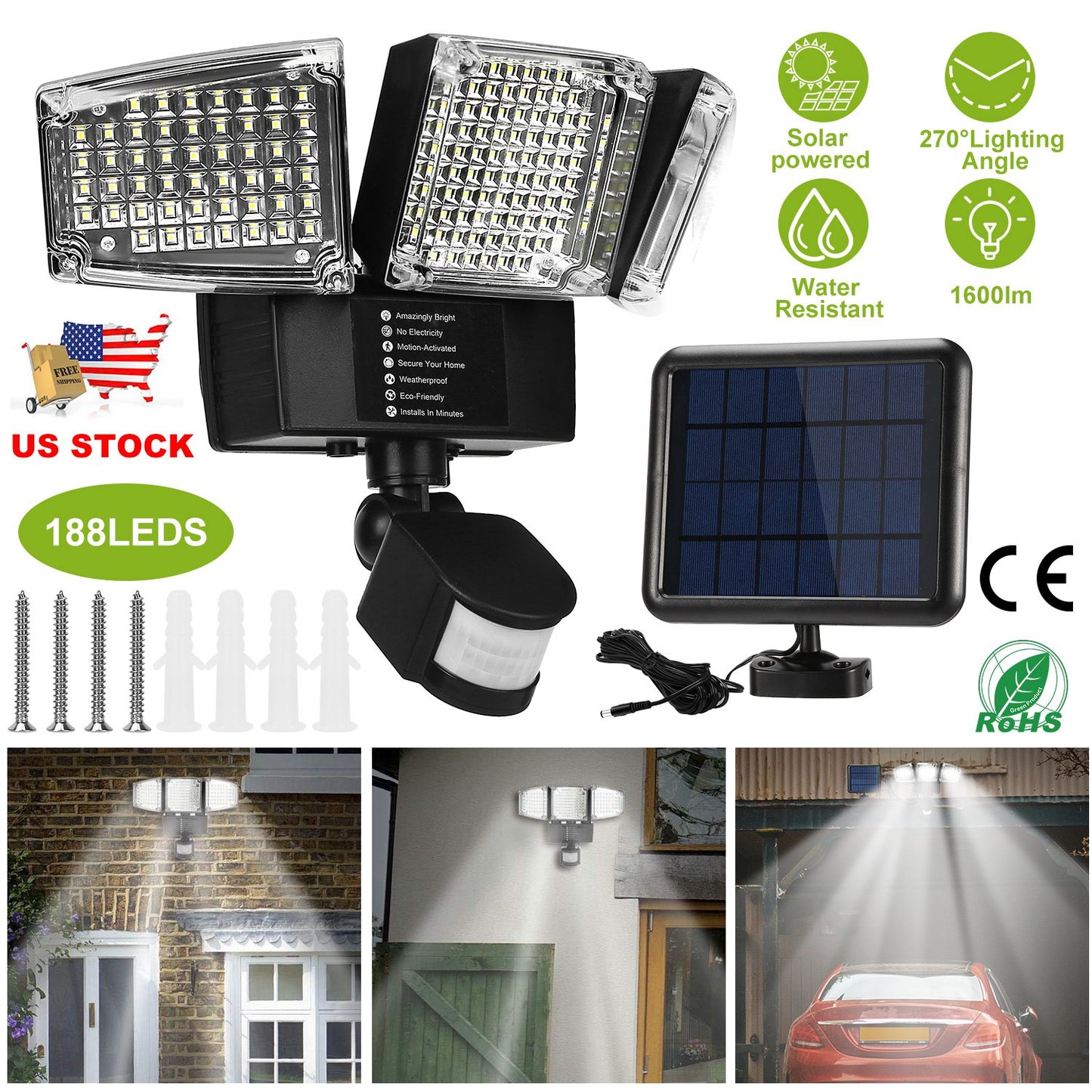 Solar Lights Outdoor 188 LEDs 1600lm Solar Security Lights Motion Sensor Lights 270¡Lighting Angle Waterproof Dusk to Dawn Solar Wall Lights 360¡Rotat