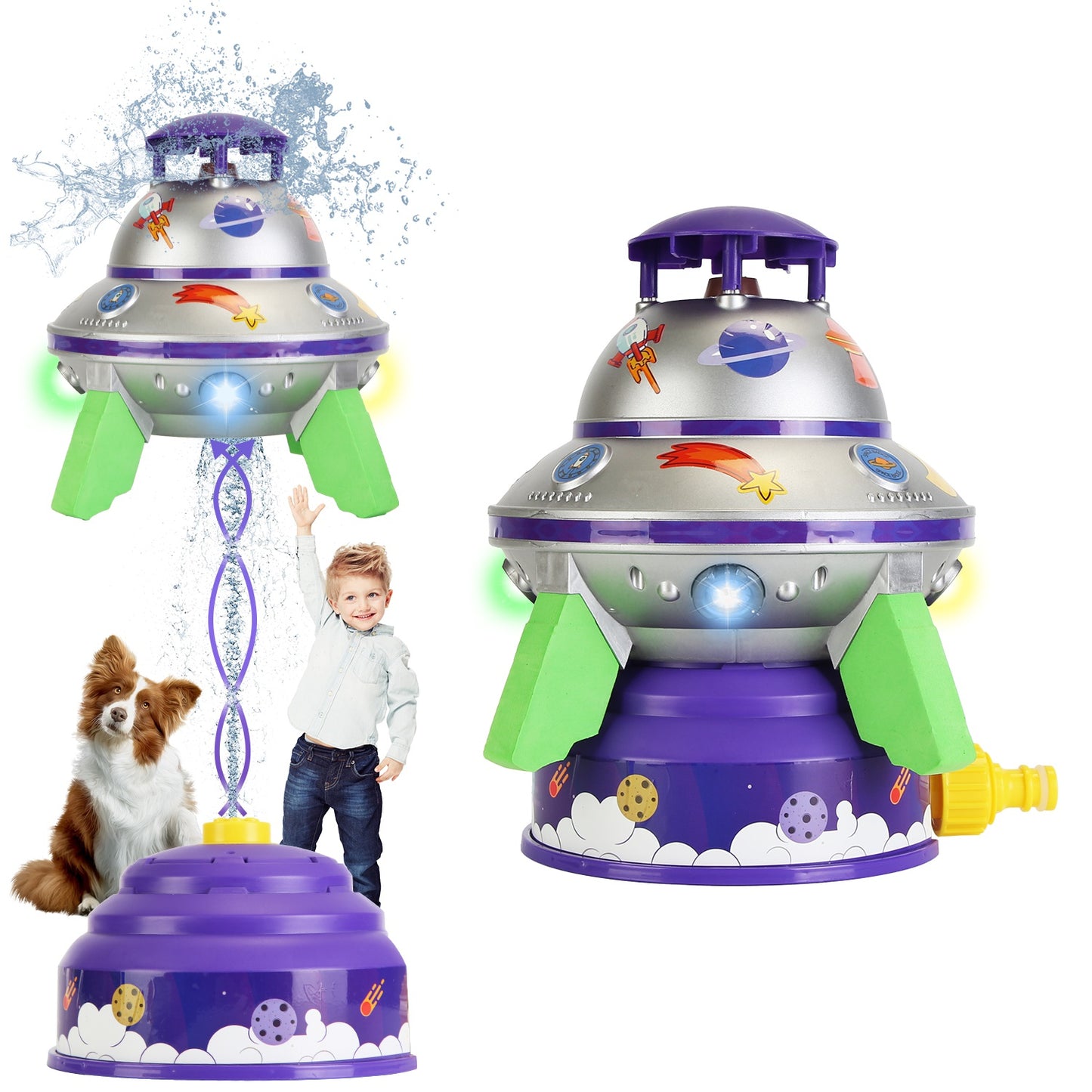 UFO Water Sprinkler Outdoor Summer Rocket Toy With Colorful LED Lights 360¡ Spinning 1.64FT To 6.56FT Adjustable Height Birthday Summer Gift For Girls