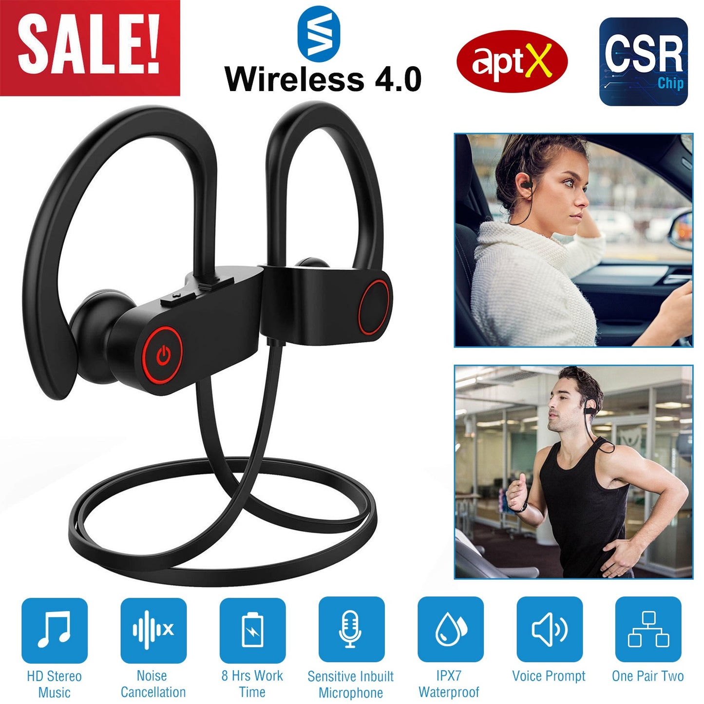 Wireless Headset IPX7 Waterproof Sport Headphones In-Ear Wireless4.1 Stereo Earphone Noise Canceling Neck Earbuds w/Mic 8 Hrs Work Time for Running Hi