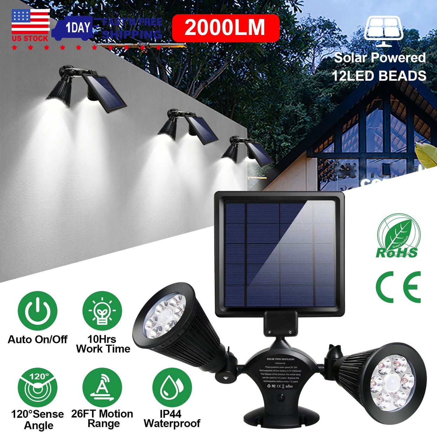 Solar Lights Outdoor Solar Power Motion Sensor Spotlights 2000lm Security Lights w/ Dual Head 360¡ Rotatable IP44 Wall Lights Garden Garage Driveway