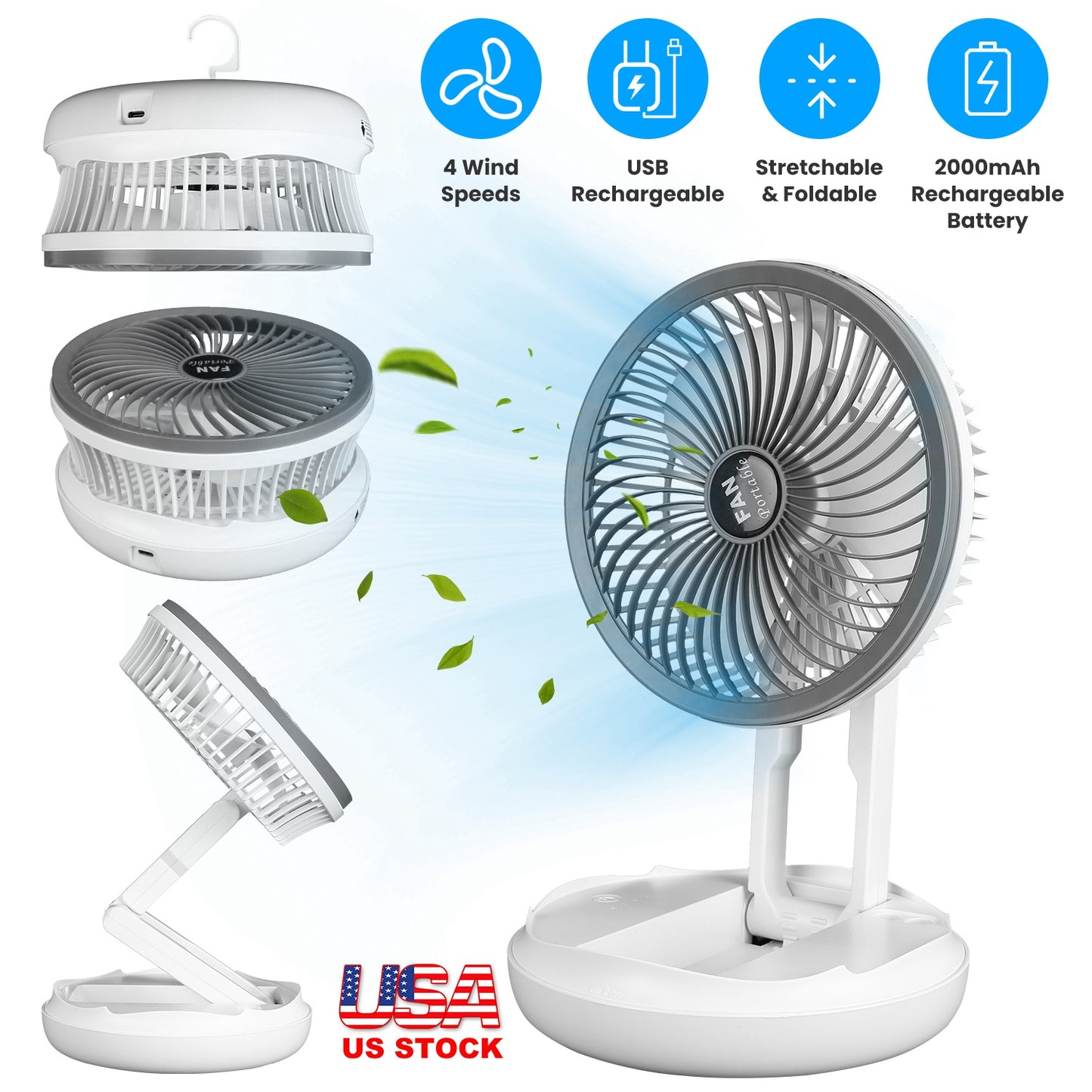 All in 1 Folding Desk Fan USB Desk Fan Small Stretchable Fan with 4 Wind Speeds Hanging Desktop Wall Mounted for Bedroom Dormitory Office Travel Campi