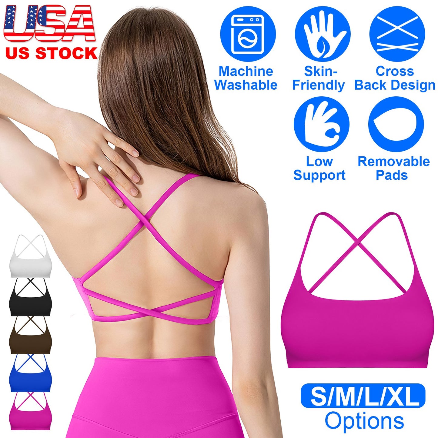 Women Cross Back Sport Bras Padded StrappyÊCrop Open Back Low Impact Bras SexyÊFitnessÊTank Tops with Removable Pads Thin Straps for Gym Yoga Workout