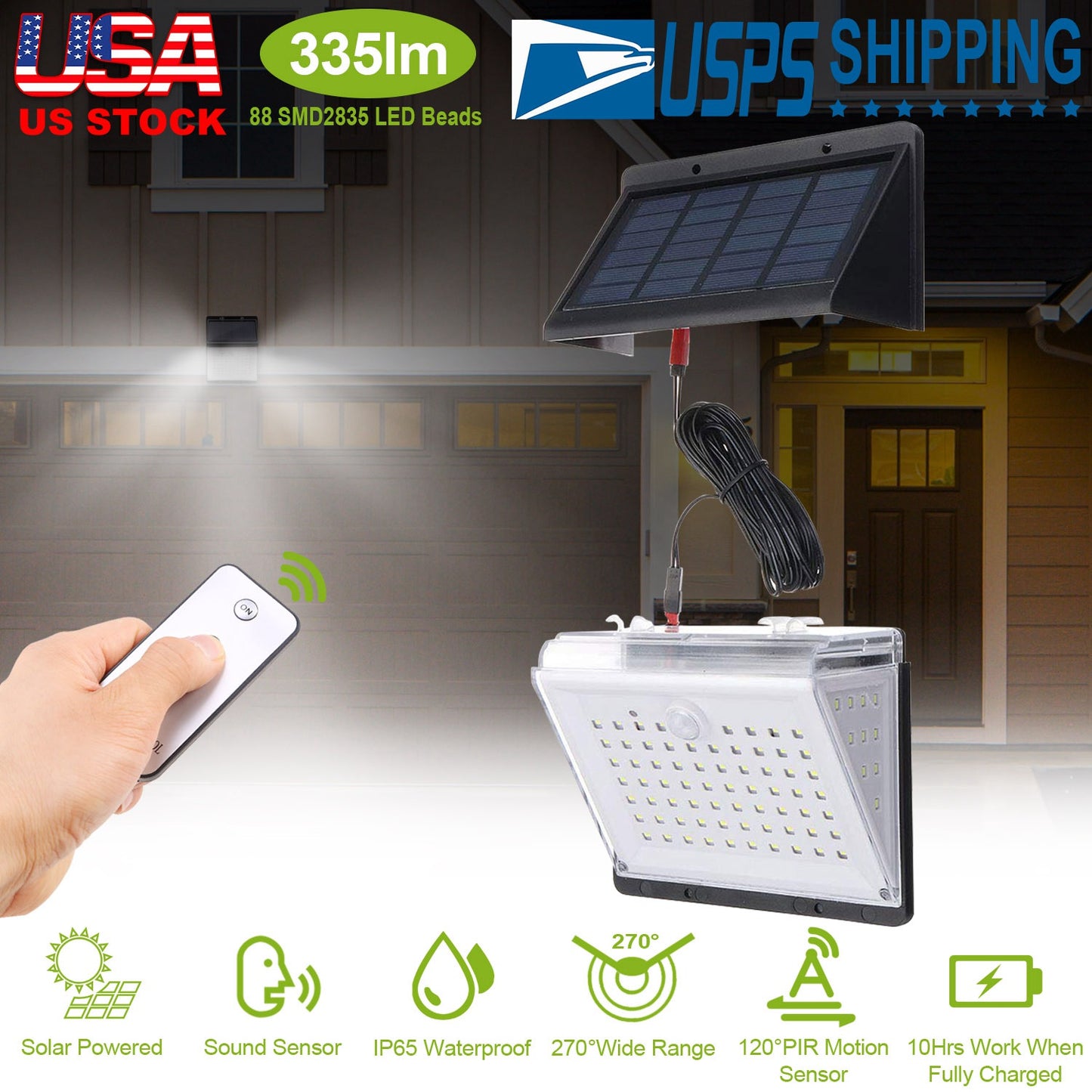 Solar Lights 88 LEDs Wall Lamps Outdoor 120¡ Motion Sensor Sound Control Lightings 270¡Illumination IP65 Waterproof w/ 2.5m Extend Wire for Garage Gar
