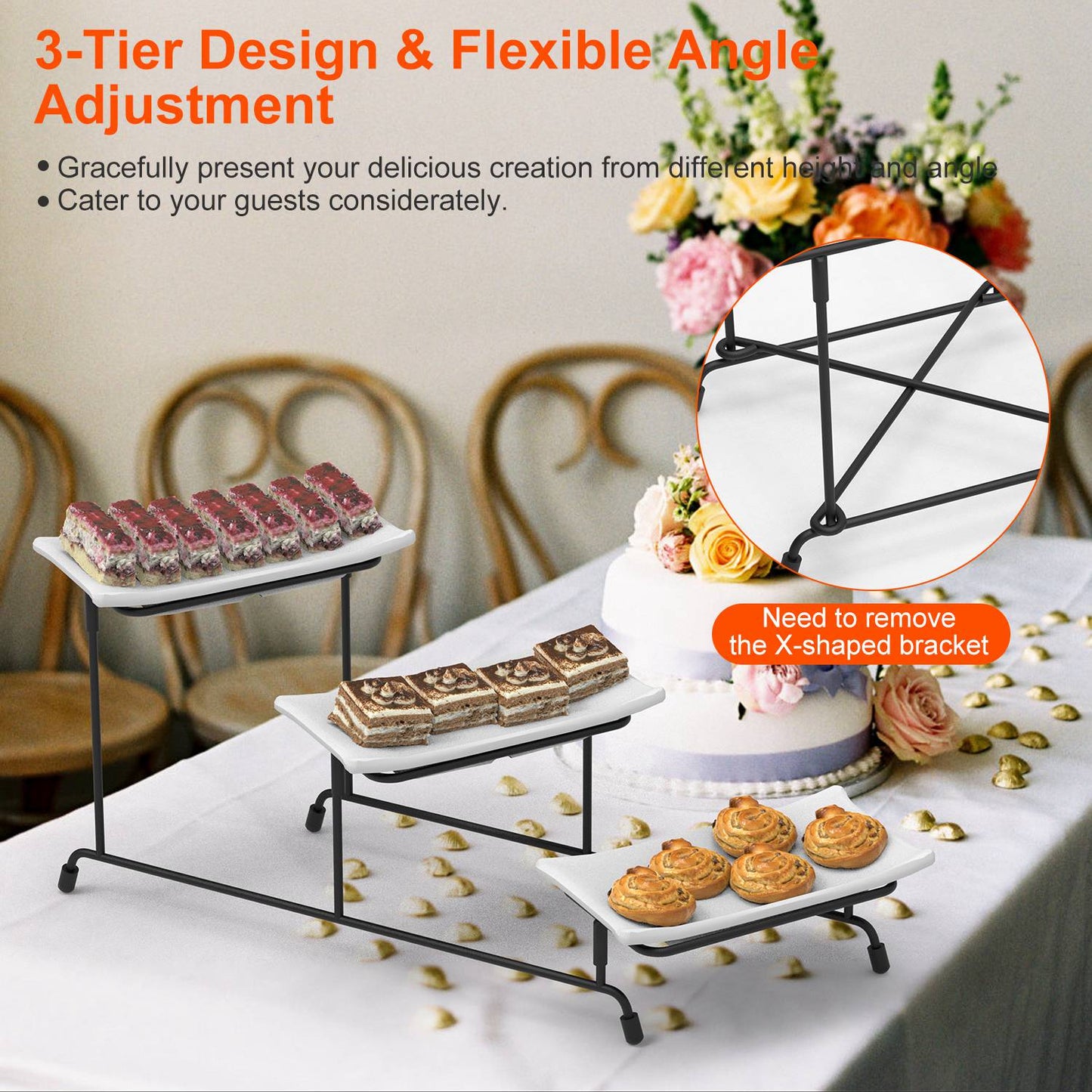 3-Tier Plastic Serving Tray Dessert Server Display Serving Stand Dinnerware with 3 Rectangular Plastic Serving Platters Metal Stand for Entertaining F