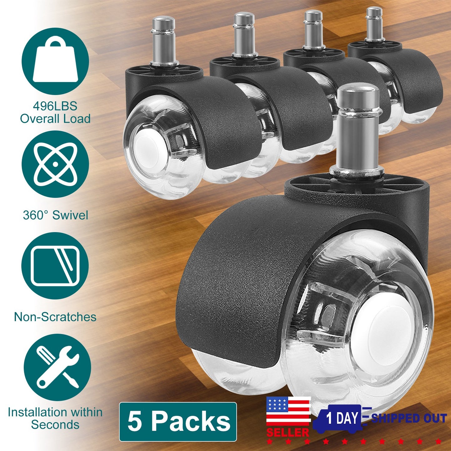 5Pcs Office Chair Wheels Polyurethane Rolling Caster Replacement for Hardwood Floor Carpet Universal Fit 496LBS Max Load