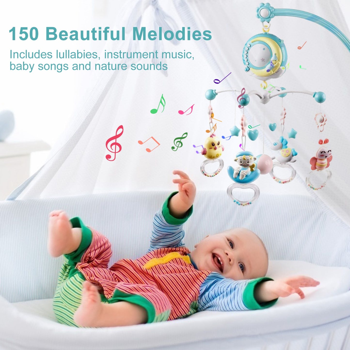Baby Musical Crib Bed Bell Rotating Mobile Star Projection Nursery Light Baby Rattle Toy w/ Music Box Remote Control