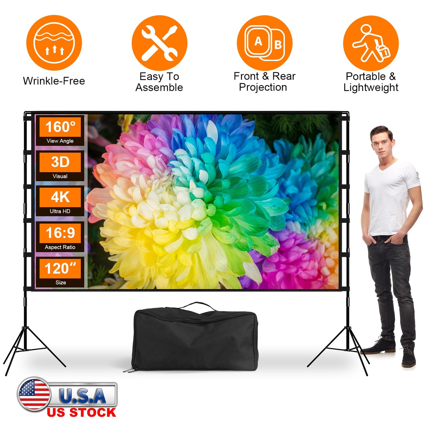 120inch Projector Screen with Stand 16:9 4K HD Rear Front Wrinkle-Free Portable And Foldable Movie Screen with Carry Bag For Indoor Outdoor Home Theat