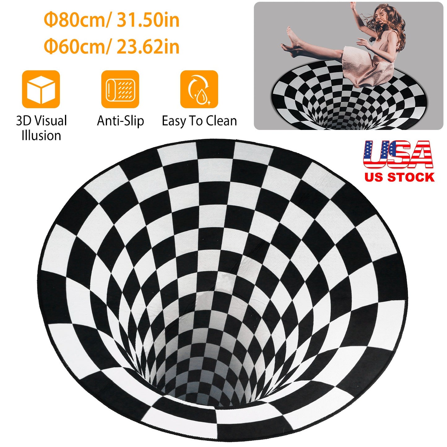 3D Visual Floor Area Mat Anti-slip Illusion Rug Doormat Round Living Room Carpet Mat