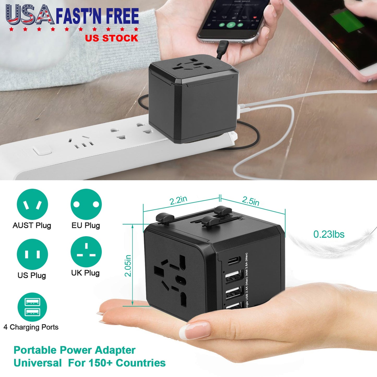 Universal Travel Power Adapter All in One AC Power Plug Adapter International Wall Charger with 4 Charging Ports for Phones Tablets Cameras US UK EU A