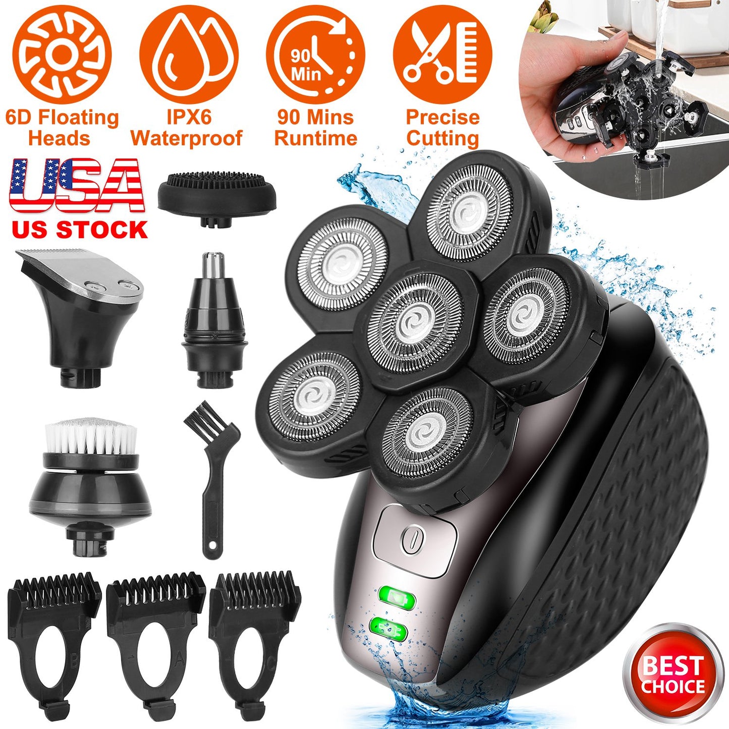 5 In 1 Electric Razor For Bald Men Rechargeable Cordless Head Beard Trimmer Shaver Kit IPX6 Waterproof Dry Wet Grooming Kit with 3 Combs