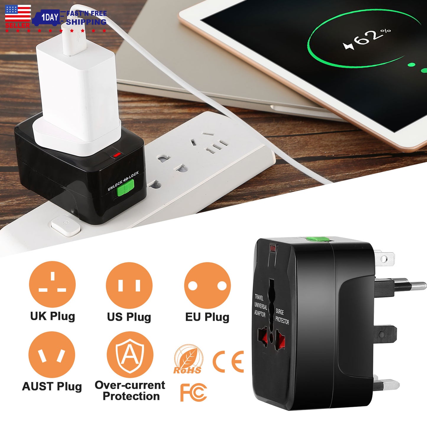 Universal Travel Adapter AC Power Plug Adapter US UK EU AUST Worldwide Socket For Phones Tablet Cameras