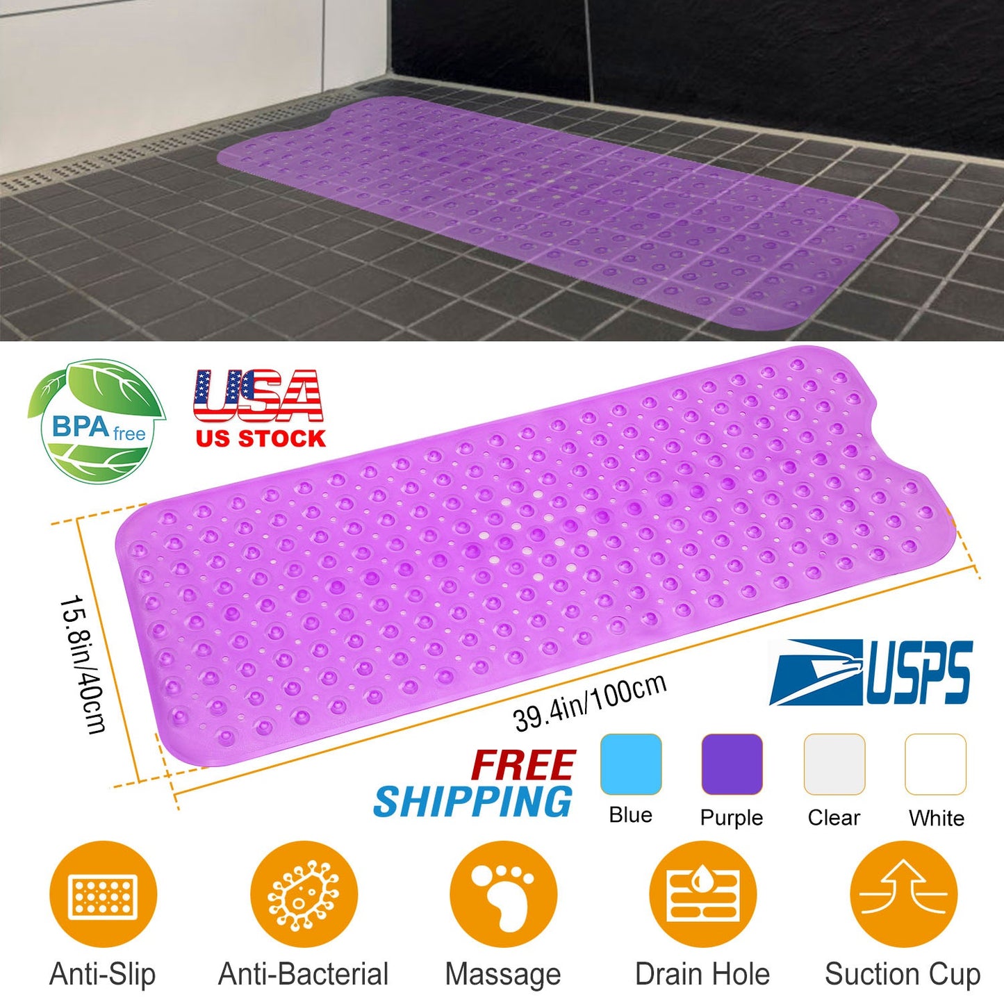Bath Tub Mat Non-Slip Shower Mat BPA-Free Massage Anti-Bacterial with Suction Cups Washable for Bathroom Kitchen Pool