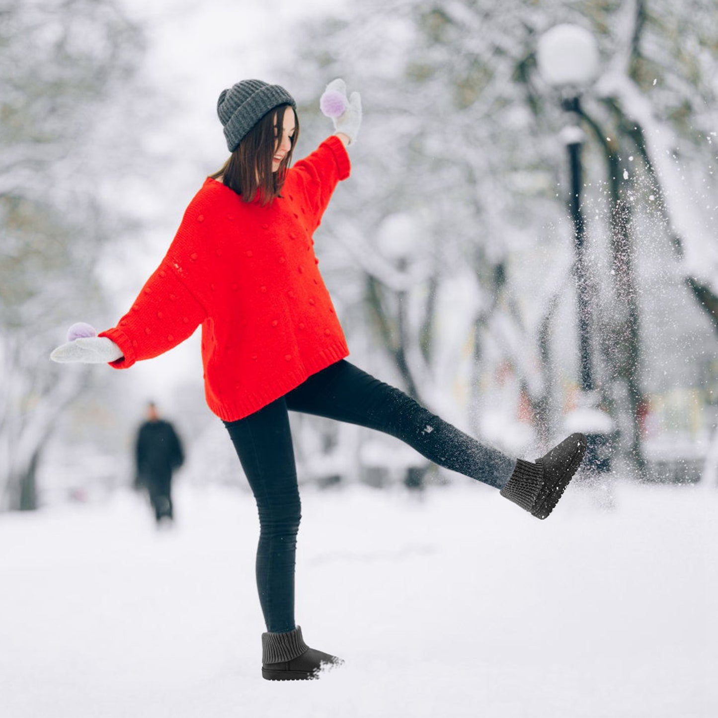 Women Lady Snow Boots Suede Mid-Calf Boot Shoe Short Plush Warm Lining Shoes w/ Anti-slip Rubber Base Knitting Design