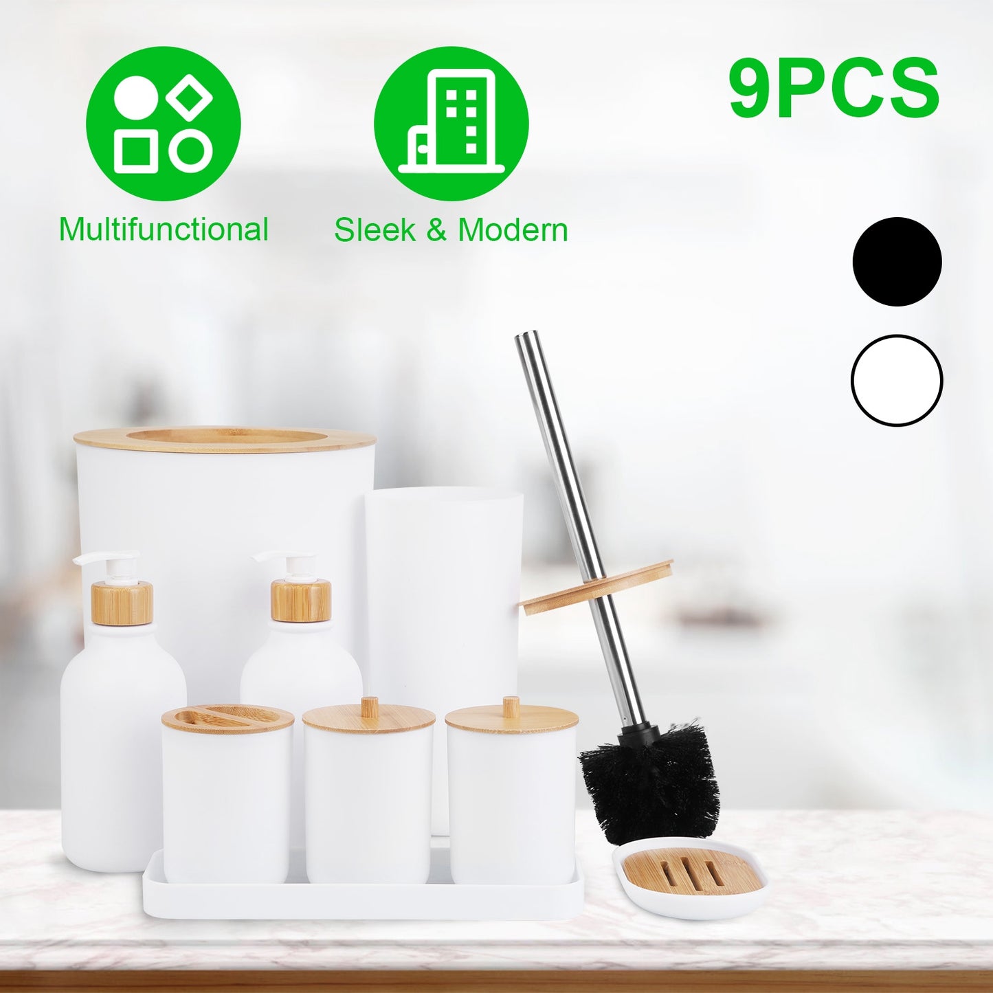 9Pcs Bathroom Accessories Set Trash Can Lotion Soap Dispensers Q-tip Holders Toothbrush Holder Soap Dish Vanity Tray Toilet Brush Black White
