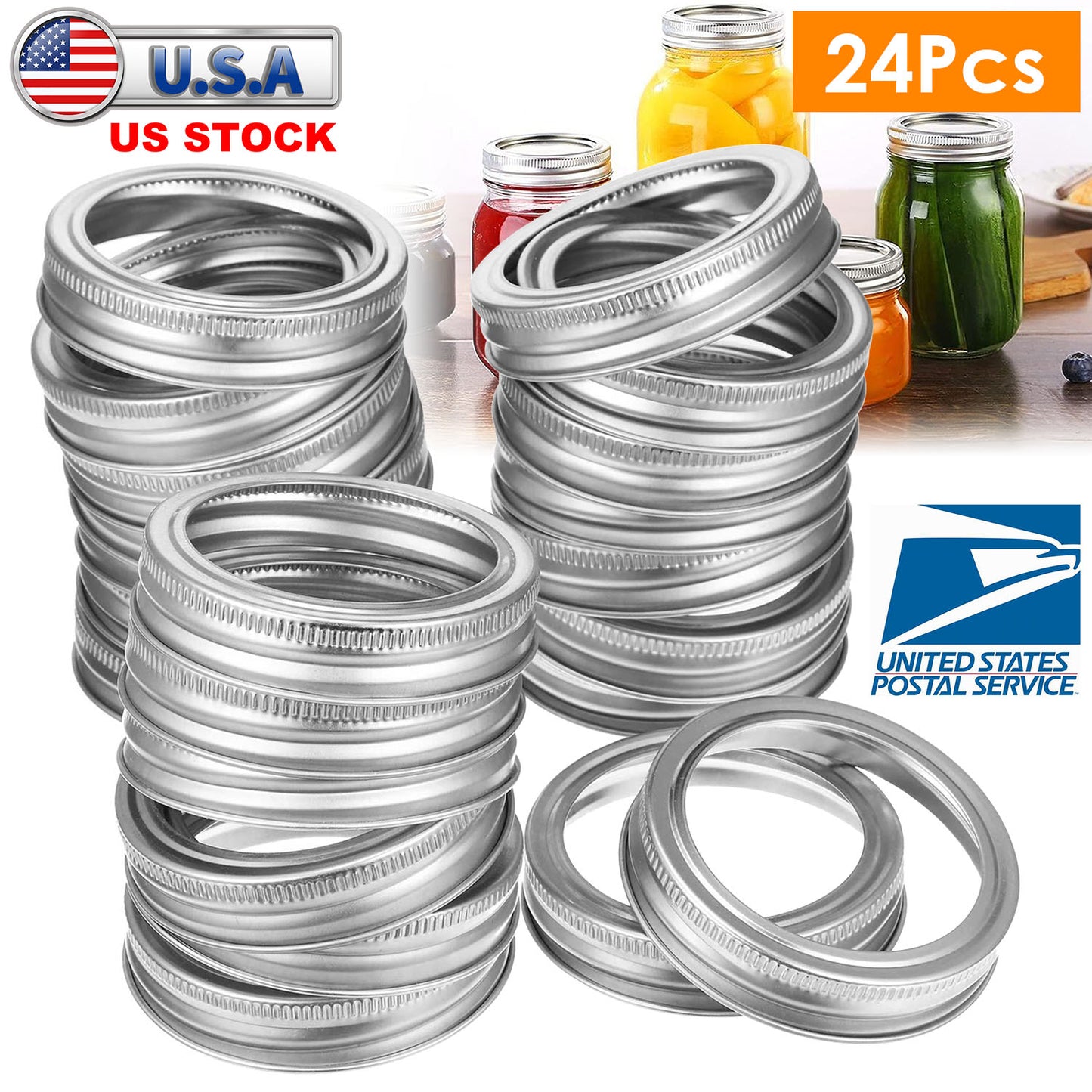 24 Pcs Regular Mouth Canning Jar Metal Rings Split-Type Jar Bands Replacement Fits For Ball Kerr Mason Jars