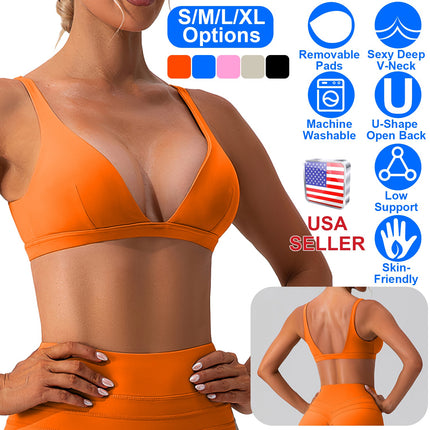 Women Deep V-Neck Sports Bras U-Shaped Back Sport Bras Padded Strappy Crop Open Back Low Impact Bras Sexy Fitness Tank Tops with Removable Pads for Gy