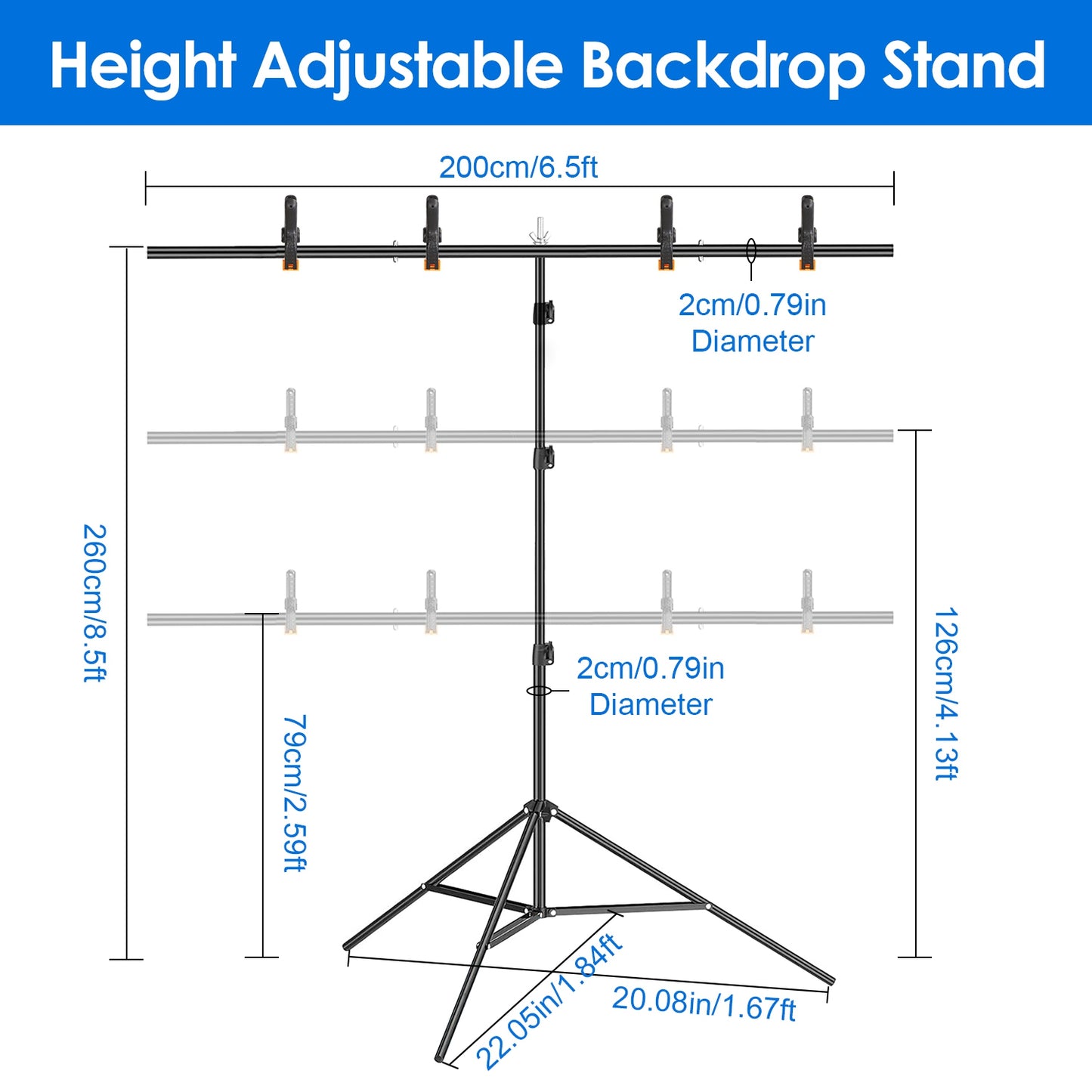 6.5 8.5FT T-Shape Photo Video Backdrop Stand Heavy Duty Background Stand Adjustable Photography Backdrop Stand with 6 Spring Clamps Sandbag Carry Bag