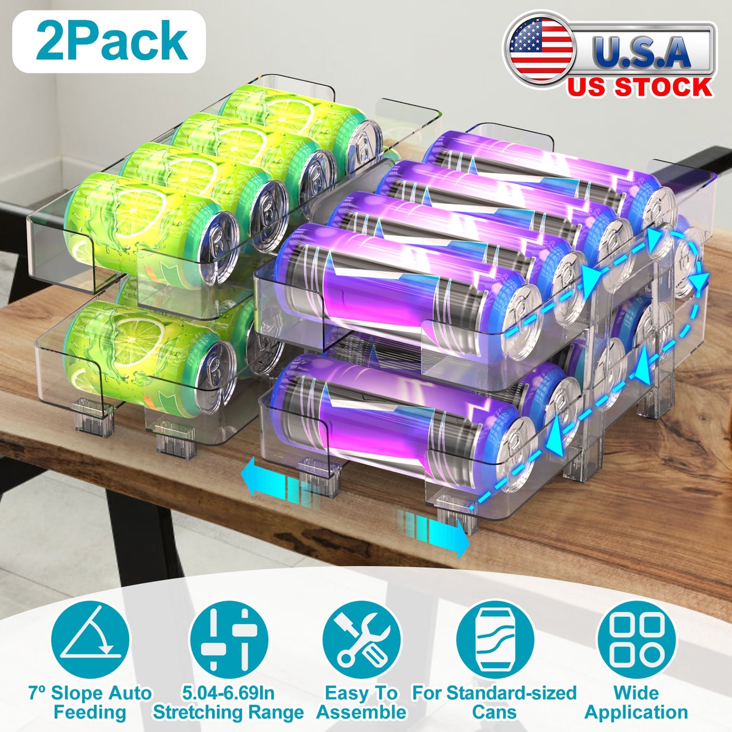 2Pack Adjustable Soda Can Organizers 2-Tier Pop Can Holders Beverage Dispensers For Fridge Pantry Cabinet 7¼ Slope Auto Rolling