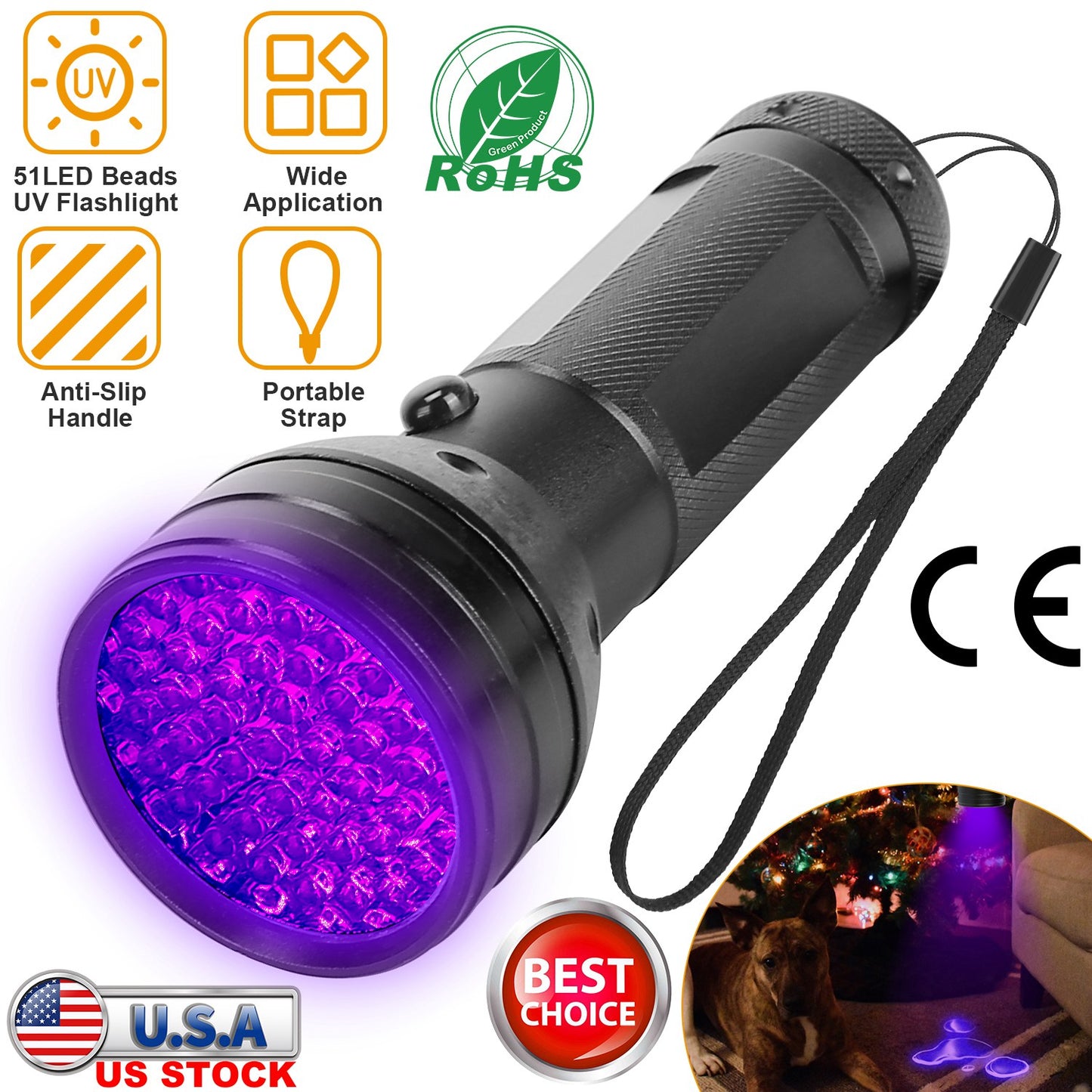 Black Light UV Flashlight 51 LED 395nm Ultraviolet Torch Pet Urine Detector Light For Scorpion Hunting Banknote