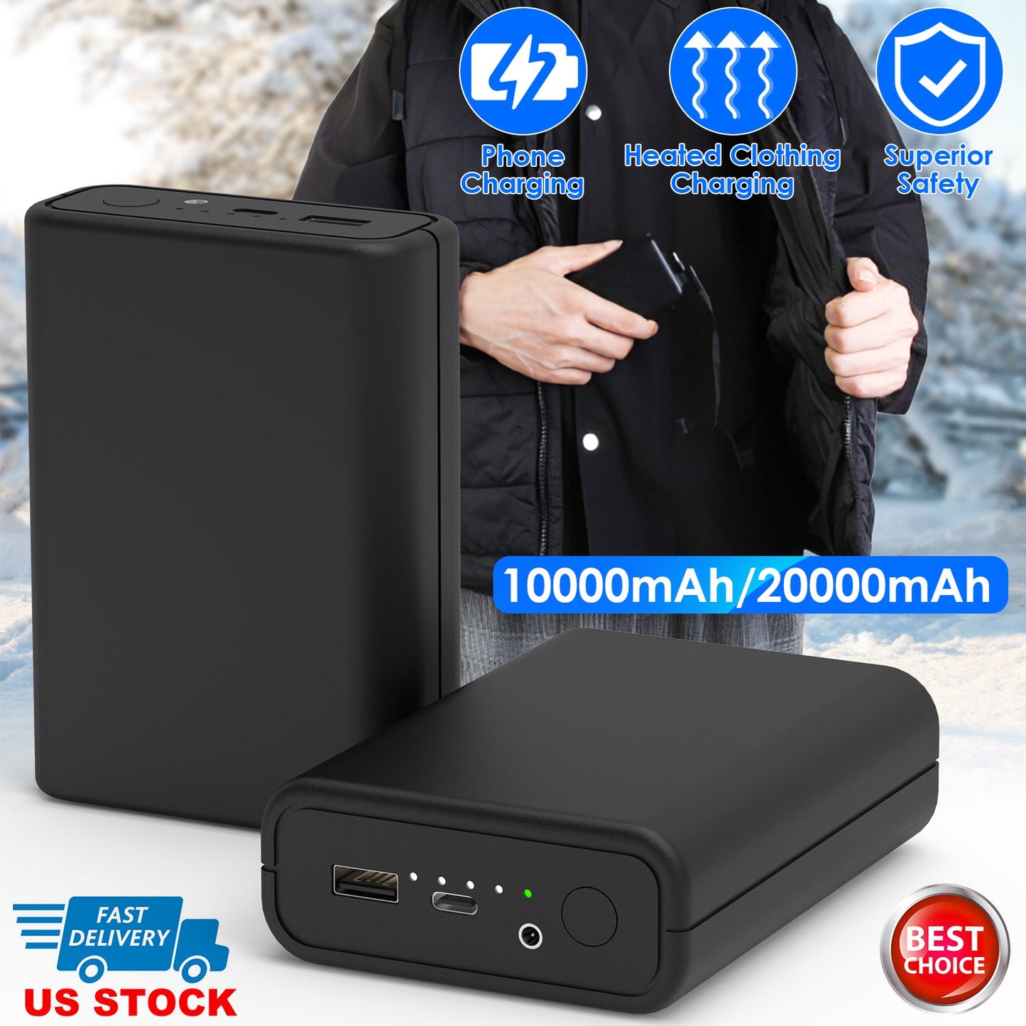 20000mAh 5V 2A Power Bank for Heated Jackets Vests Pants Gloves Scarves DC 7.4V 2A Heated Clothing Replacement Battery Pack for Men Women