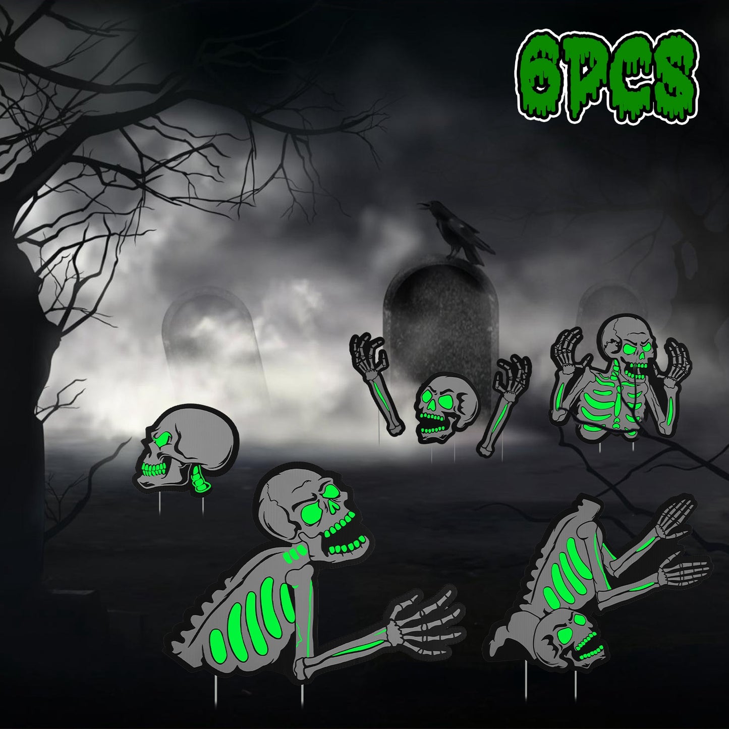 Halloween Skeleton Yard Sign Decorations 6Pcs Glow in the Dark Halloween Skull Fluorescence Lawn Garden Sign with 12 Stakes for Haunted House Garden Y