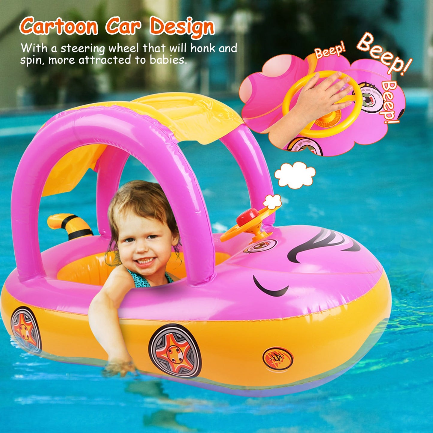 Baby Inflatable Pool Float Car Shaped Toddler Swimming Float Boat Pool Toy Infant Swim Ring Pool with Sun Protection Canopy for 1-3 Year-Old Kids Infa