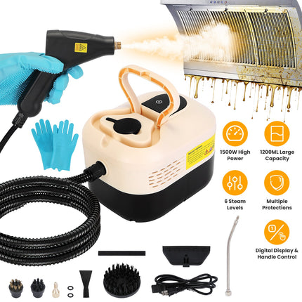 1500W Handheld High Temperature and Pressure Steamer Cleaner with 1200ML Tank 8 Accessories 6 Steam Levels Digital Display Handle Control for Dirt Gre