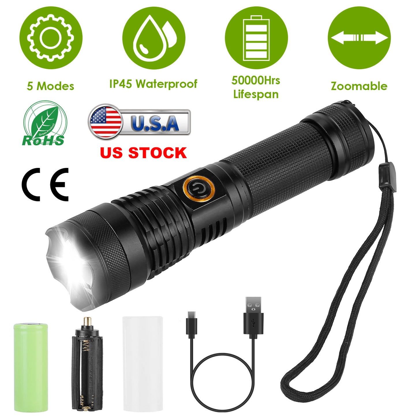 Tactical LED Flashlight Zoomable Rechargeable Search Light Torch 50000LM w/ 5Modes SOS Night Light For Night Walking Adventures